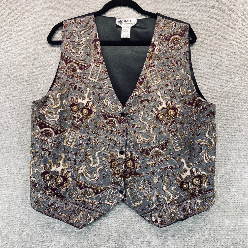 Bali Collection Womens Beaded Batik Vest Gray Burgundy Gold One Size Boho